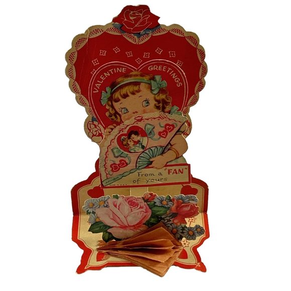 Vintage Pull Down Valentine Card Girl Fan Folding Flowers Roses USA Ephemera - Picture 1 of 13